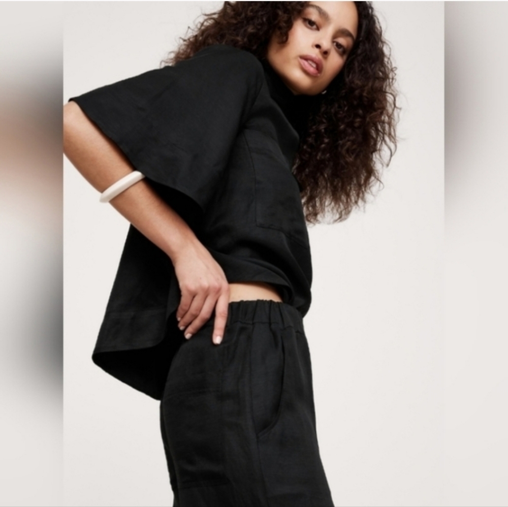 Banana Republic High-Rise Wide-Leg Viscose-Linen Pull-On Pant Black - Picture 4 of 6